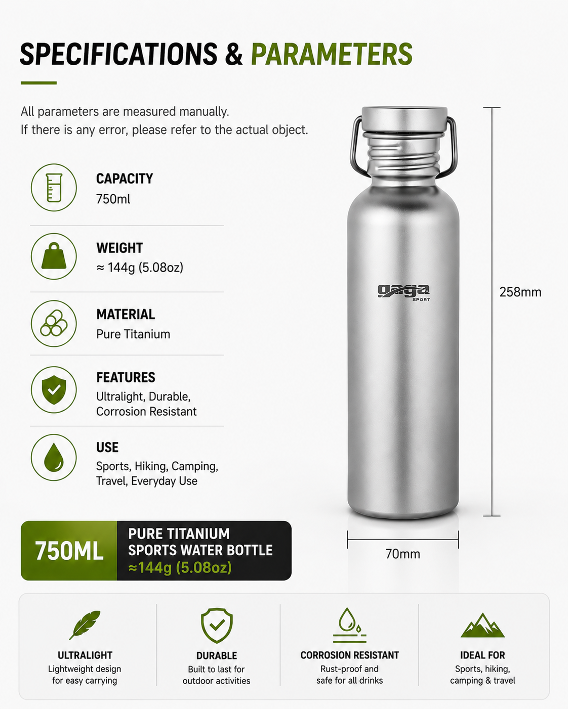 GagaSport 750ml Pure Titanium Sports Water Bottle