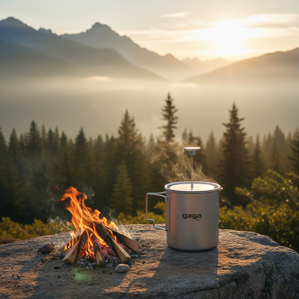 French Press de Titanio GagaSport en escenario de camping al amanecer