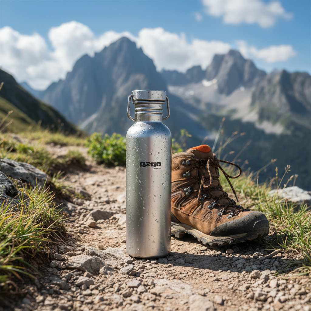 Botella deportiva de titanio GagaSport en sendero de montaña